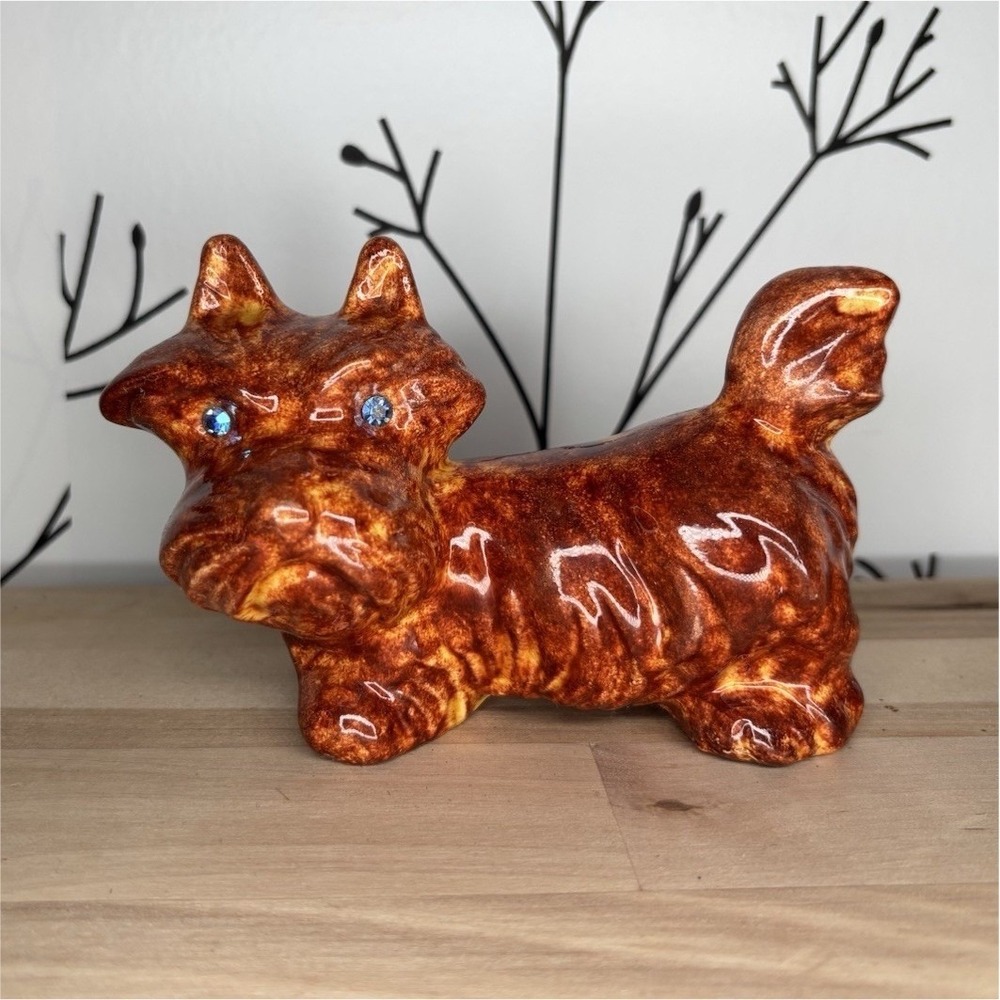 Ceramic Scottish‎ Terrier Dog Figurine Brown with Blue Rhinestone Eyes